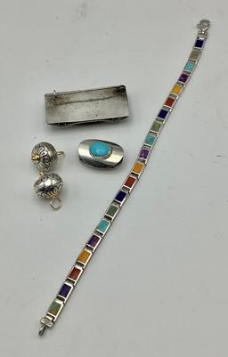 925 & Mexican Silver Bracelet, Slide, Brooch & Charms (0.92 Ozt Total Weigh
