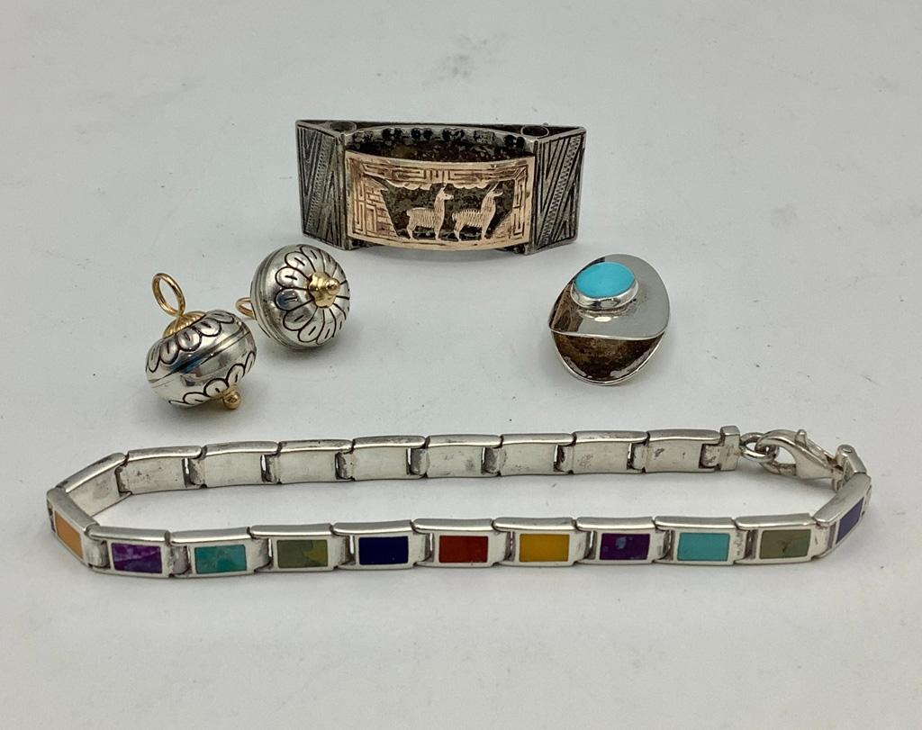 925 & Mexican Silver Bracelet, Slide, Brooch & Charms (0.92 Ozt Total Weigh