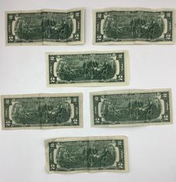 5 1976 Two Dollar Bills;     1 2017-A Two Dollar Bill