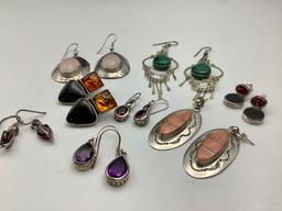 8 Pair Sterling Earrings-Some W/ Gemstones (2 Ozt Total Weight)