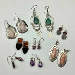 8 Pair Sterling Earrings-Some W/ Gemstones (2 Ozt Total Weight)