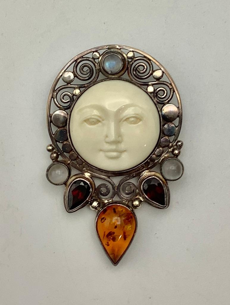 Sajan Sterling Pin W/ Moonstone, Garnet, Amber, & Labradorite (0.65 Ozt Tot