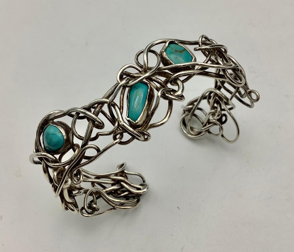 Freeform Sterling Wire & Turquoise Cuff Bracelet - Unmarked (0.76 Ozt Total
