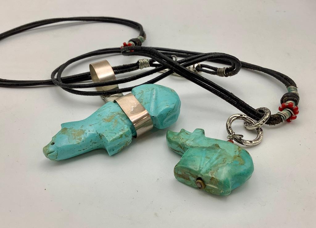 2 Carved Turquoise Bear Fetish Pendants - One On A 30" Leather Chain, Unsig