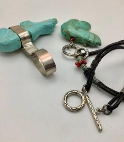 2 Carved Turquoise Bear Fetish Pendants - One On A 30" Leather Chain, Unsig