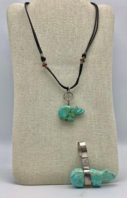 2 Carved Turquoise Bear Fetish Pendants - One On A 30" Leather Chain, Unsig