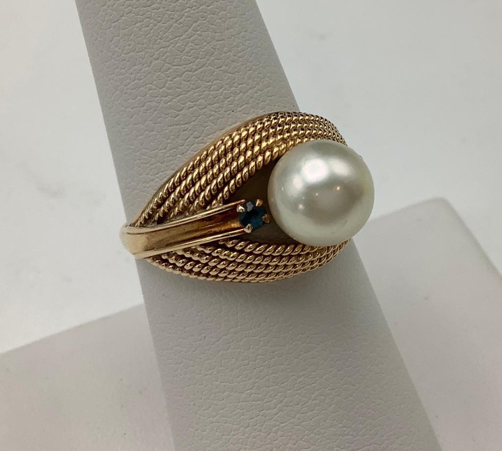 14kt Pearl & Sapphire Ring - Size 6½ (3.8g Total Weight)