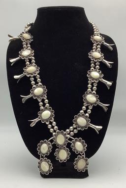 26" Silver Squash Blossom & Shell Necklace (6.12ozt Total Weight)