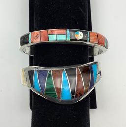 Gemstone Inlay Sterling Cuff Bracelet - Marked Mexico (1.18 Ozt Total Weigh