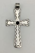 Navajo Sterling Stamped Cross Pendant W Onyx Cabochon - Signed R.J., 4¾" W/