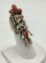 Native American Large Coral & Sterling Signed Kachina Ring - Size 7½ (0.55g