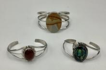 Lot Of 3 Sterling Bracelets - One W/ Jasper, One W/ Abalone & One W/ Carnel