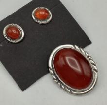 Nakai Sterling & Carnelian Set: Brooch Pendant - 1½", Pair Earrings (0.61g