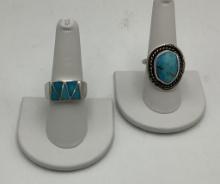 2 Sterling Turquoise Rings - Sizes 7.5, 11.5 (0.51g Total Weight)