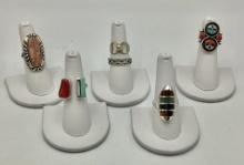 6 Sterling Southwest Rings W/ Stones - Sizes 9, 7, 7, 5¾, 4½ (1.40 Ozt Tota