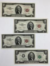 3 1953 Red Seal Two Dollar Bills - Uncirculated;     1 1976 Two Dollar Bill