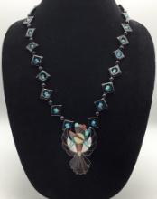 Native American Gemstone Inlay Eagle Enhancer On Onyx & Turquoise 24" Chain