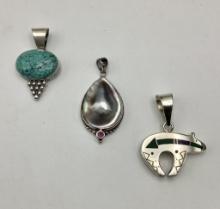3 Sterling Gemstone Pendants - Largest 2" (1.19 Ozt Total Weight)