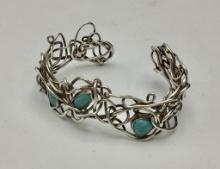 Freeform Sterling Wire & Turquoise Cuff Bracelet - Unmarked (0.76 Ozt Total