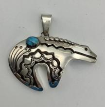 Sterling Bear Fetish Pendant With Turquoise (0.92g Total Weight)