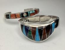 Gemstone Inlay Sterling Cuff Bracelet - Marked Mexico (1.18g Total Weight);