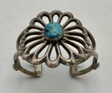 Coin Silver Cuff Bracelet With Turquoise (2.7g Total Weight)