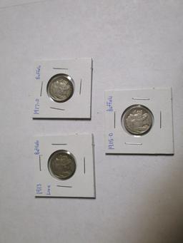 Buffalo Nickel 1913(Line), 1915D, 1915S, (3 Coins)