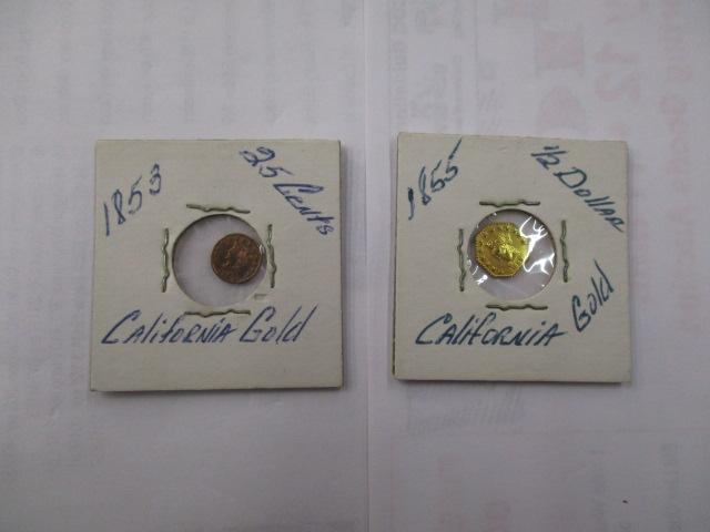California Gold Speciment Coins 1853 25 Cent, 1855 Half Dollar "maybe fake"