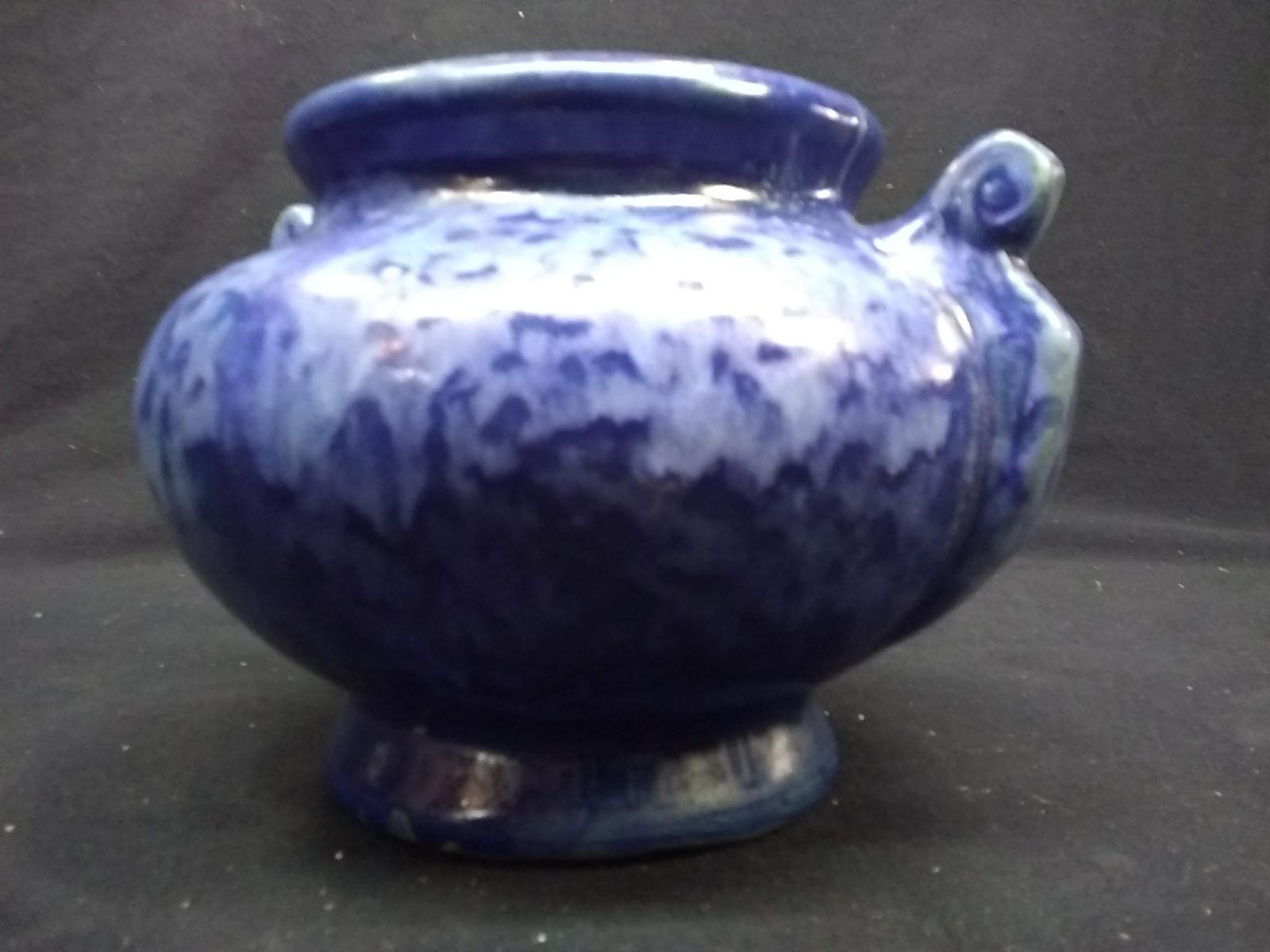 Contemporary Blue Glaze Double Handle Pottery Vase