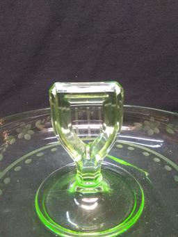 Antique Green Depression Vaseline Etched Torte Bowl