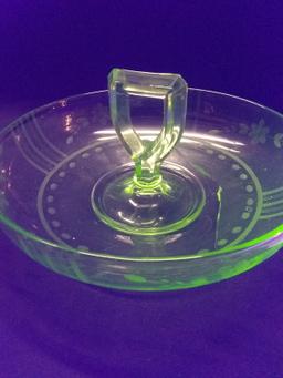 Antique Green Depression Vaseline Etched Torte Bowl