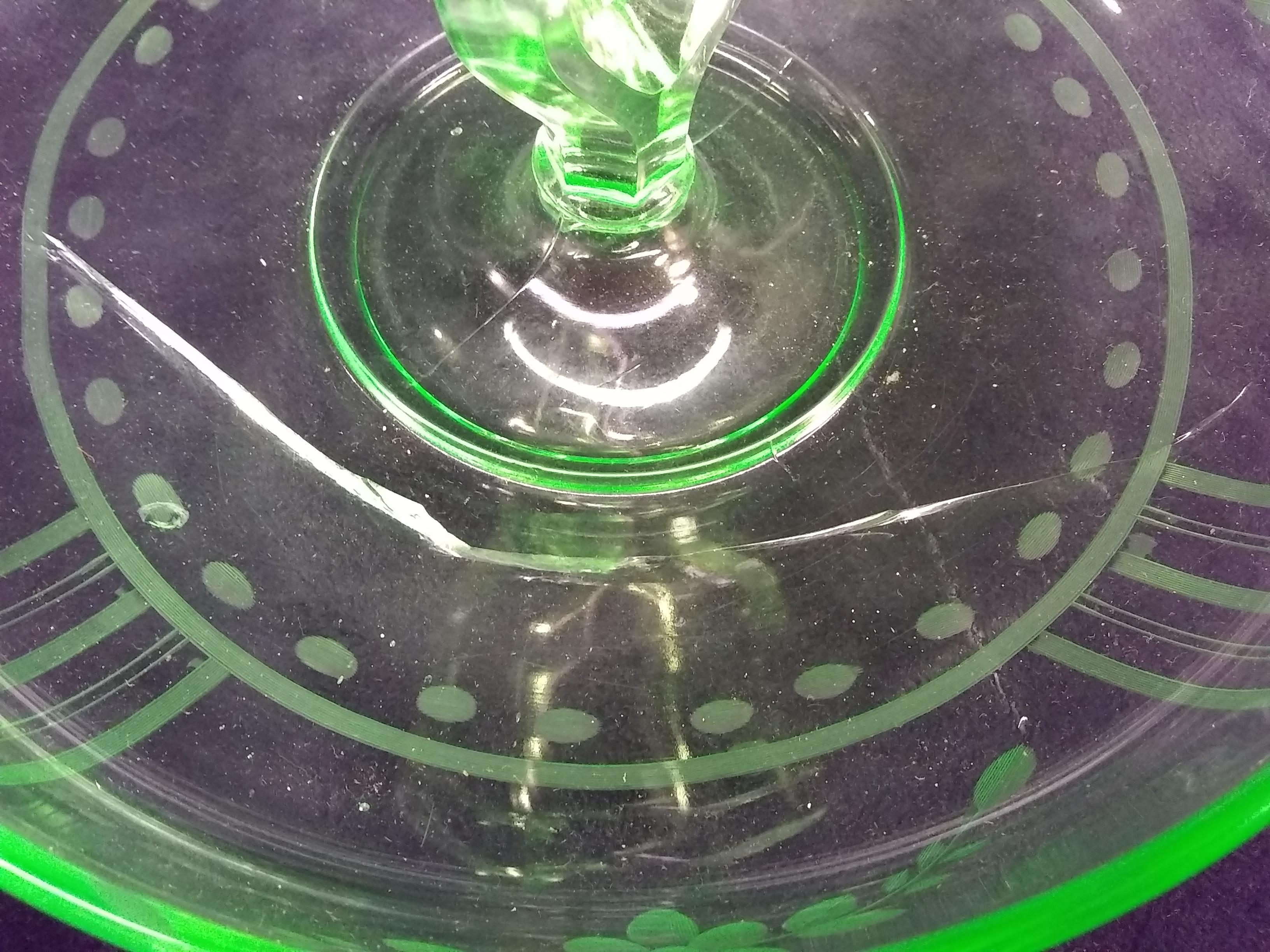 Antique Green Depression Vaseline Etched Torte Bowl