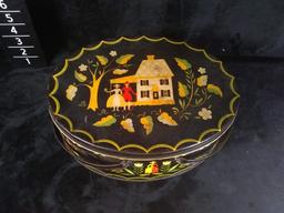 Vintage Tole Painted Tin Oval Sewing Basket