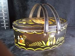Vintage Tole Painted Tin Oval Sewing Basket