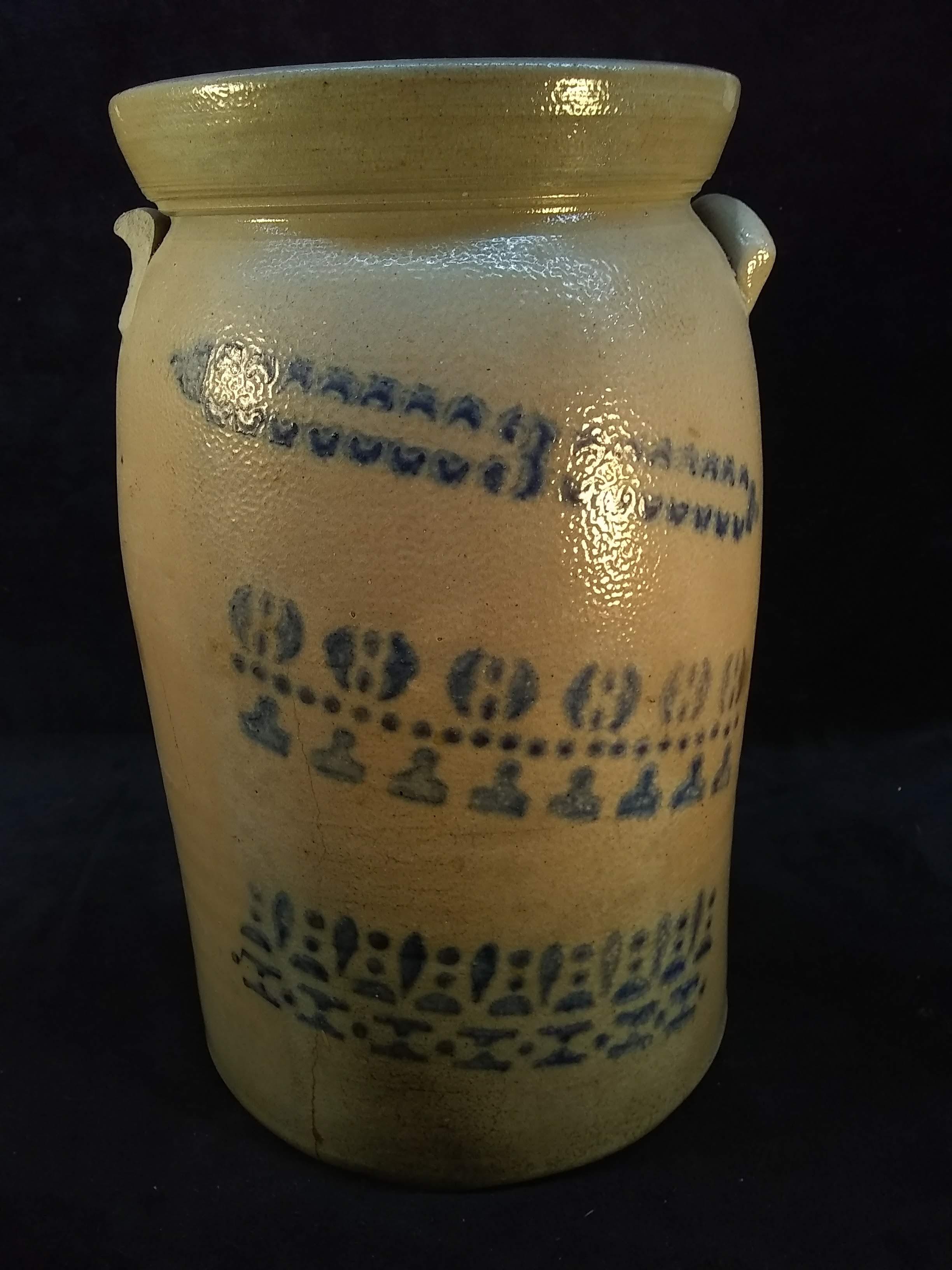 Antique Blue Decorated Pottery Crock