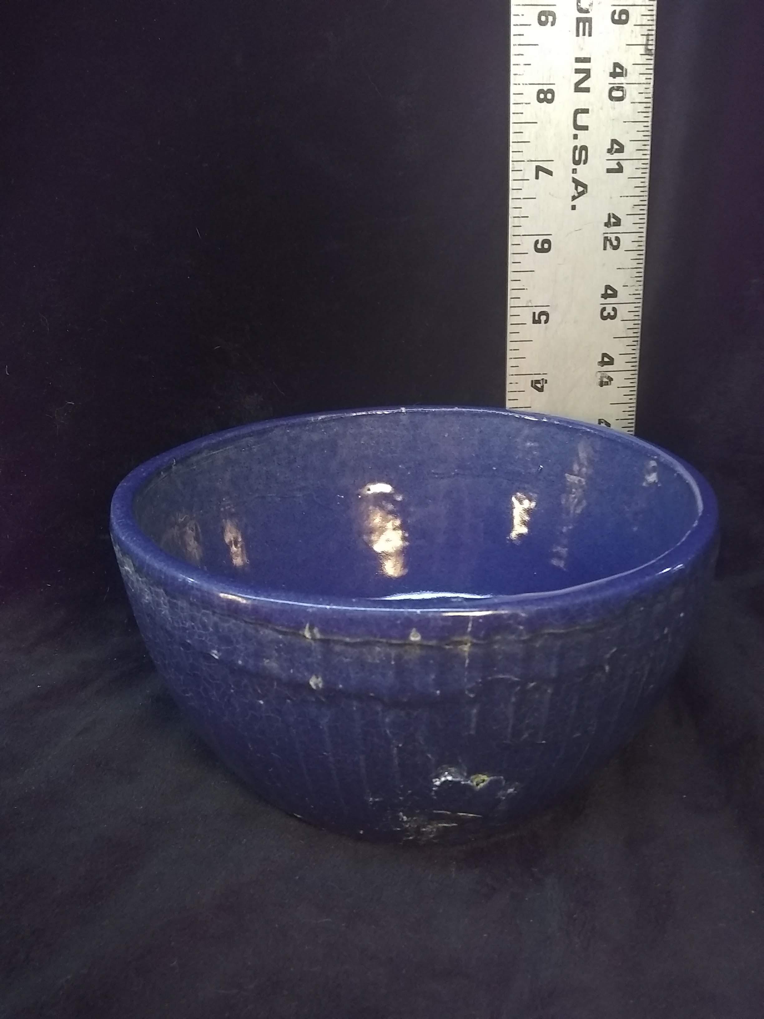 Antique Blue Glazed Ribbed Pottery Bowl