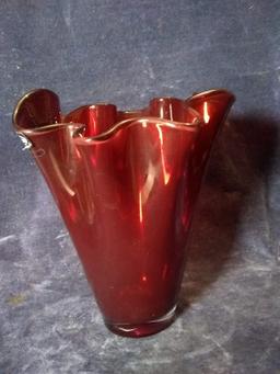 Vintage Ruby Red Ruffled Vase