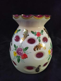 Vintage Hand painted Bohemian Cut to Clear Pink Luster Fenton Vase