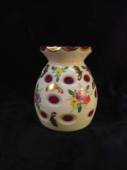 Vintage Hand painted Bohemian Cut to Clear Pink Luster Fenton Vase