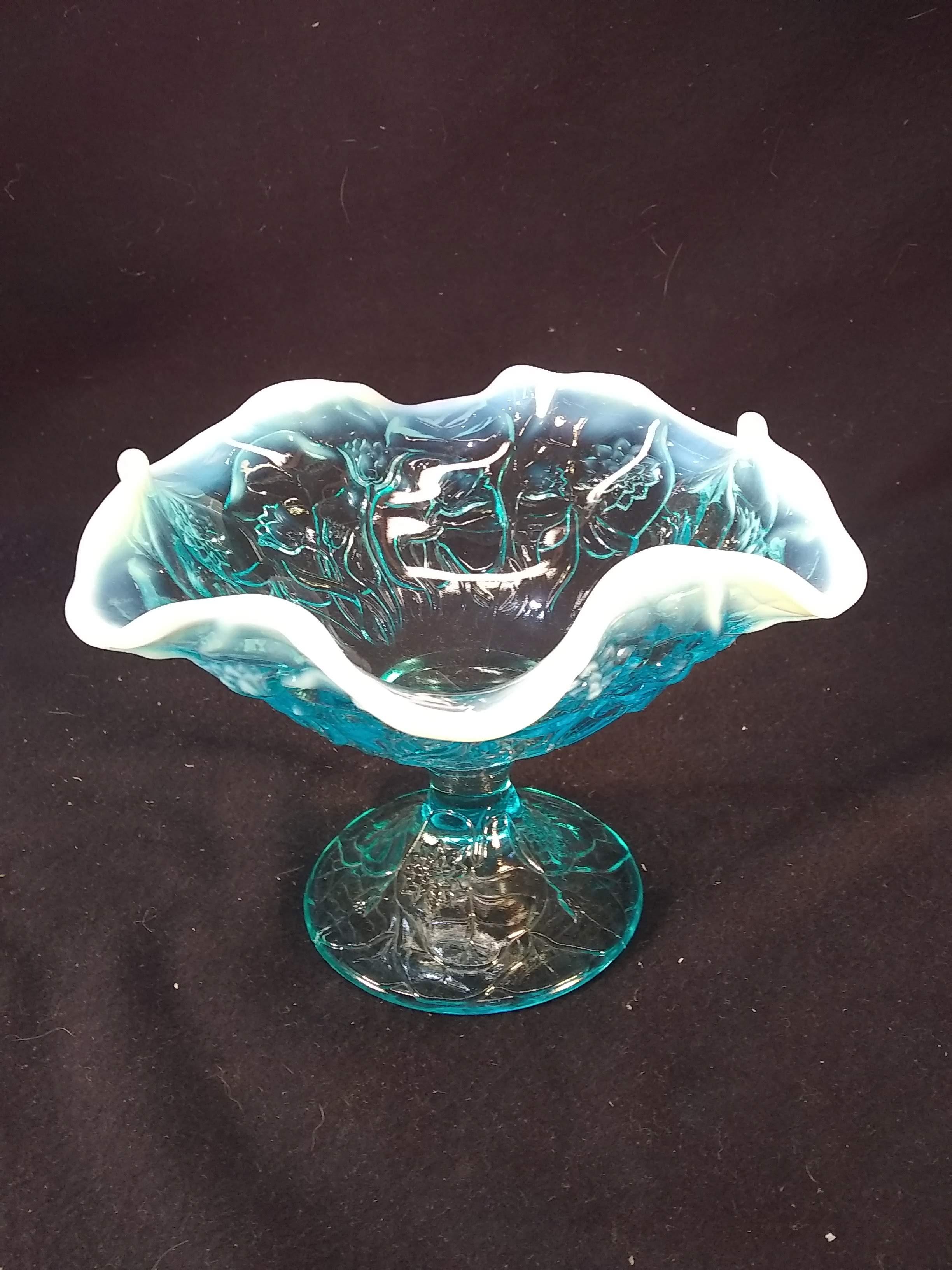 Aqua Blue Fenton Opalescent Ruffled Edge Compote