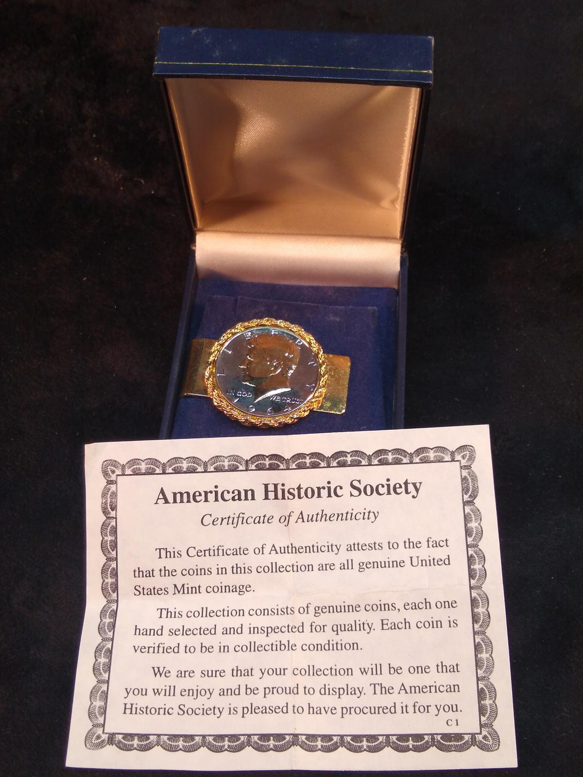 American Historical Society Kennedy Half Dollar Money Clip with COA