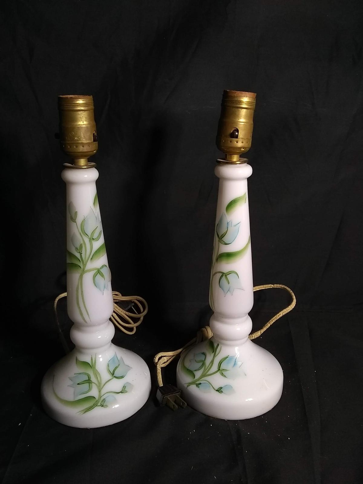 Pair Hand painted Milk Glass Lamps