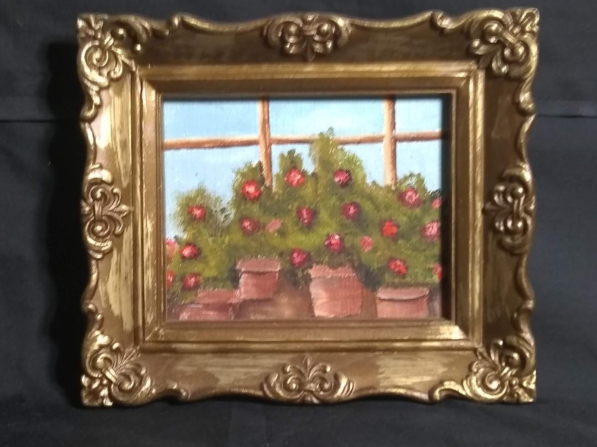 Miniature Framed Acrylic on Board-Flowers in Window