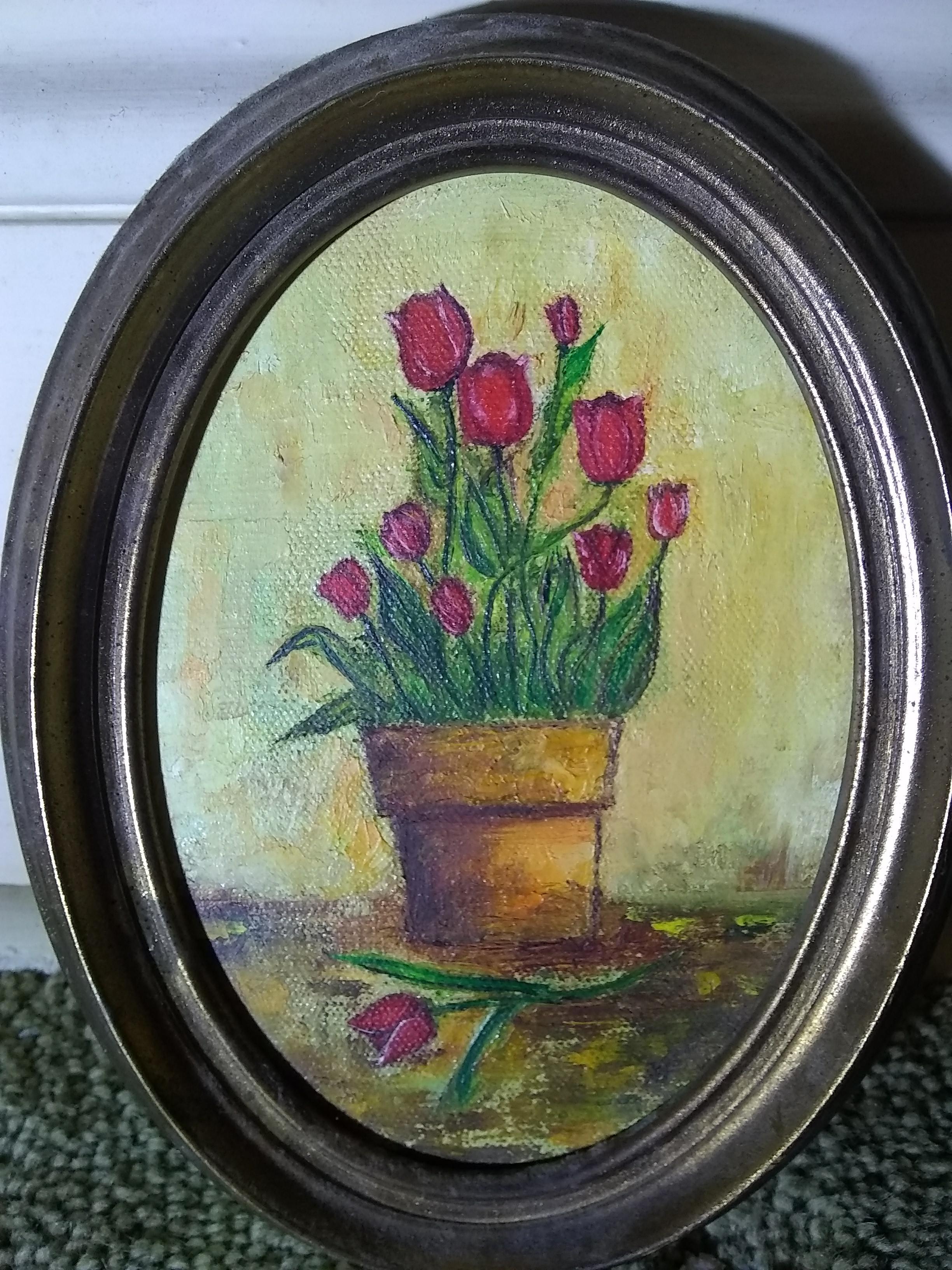 Acrylic Miniature Oval Oil on Canvas-Flower Pot