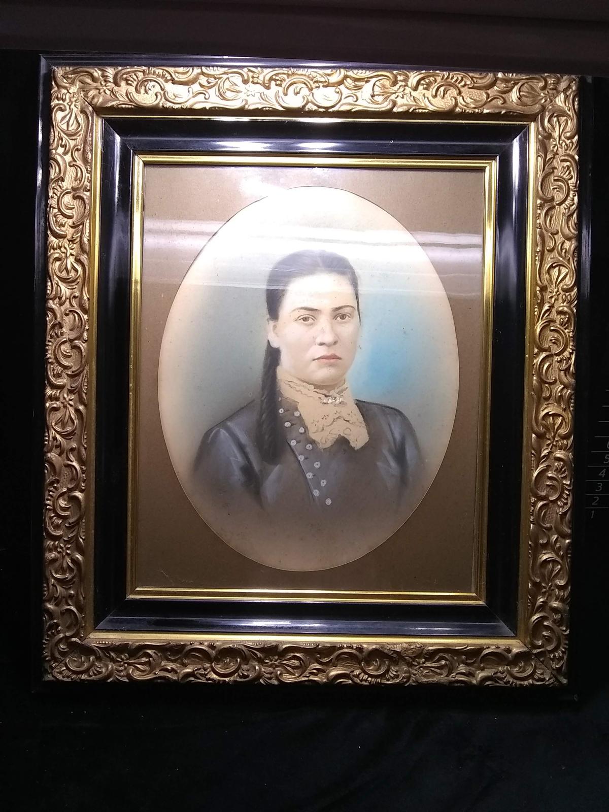 Vintage Colorized Portrait of Lady in Gold Gilded Frame