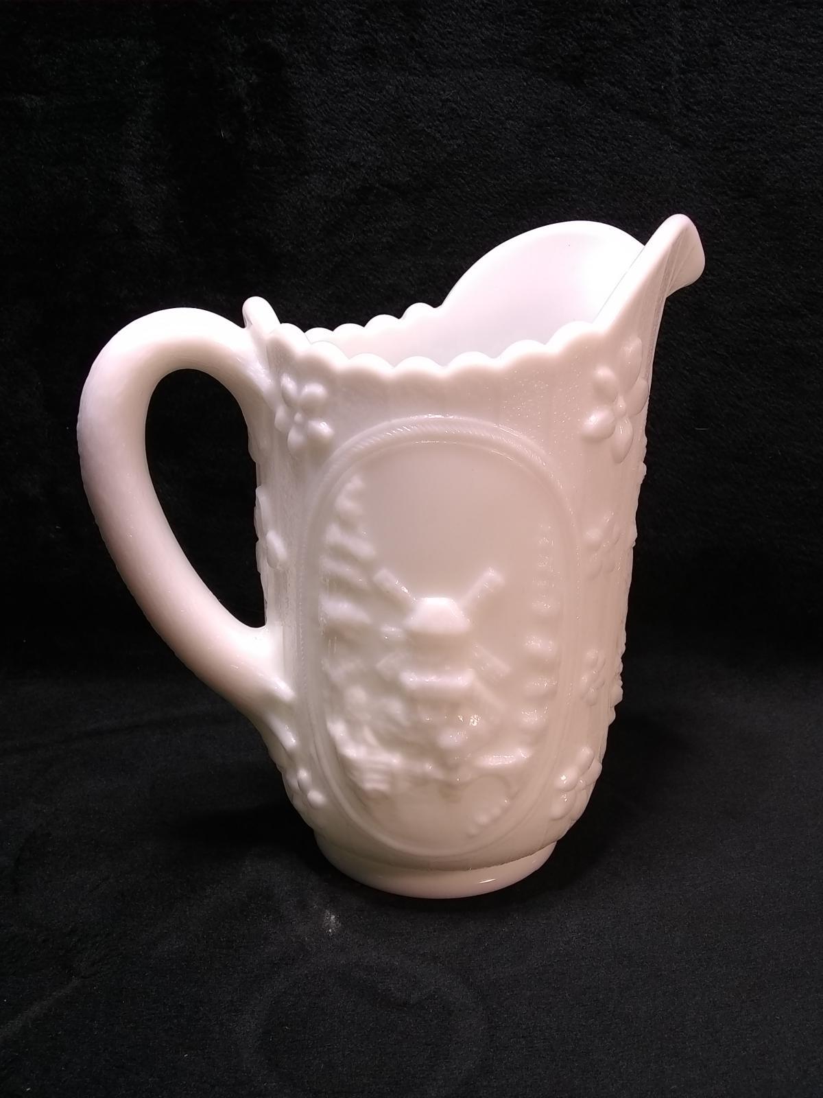 Antique Milk glass Pitcher with Dutch Windmill Scene