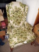 Vintage Green Floral Wingback Chair
