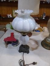 Vintage Milk Glass Table Lamp with Floral Motif