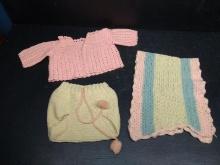 Vintage Hand Crochet Baby Sweater, Bloomers, Burp Cloth