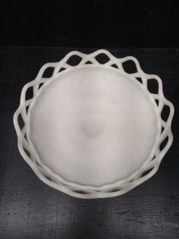 Vintage Satin Milk Glass Reticulated Rim Pedestal Bowl